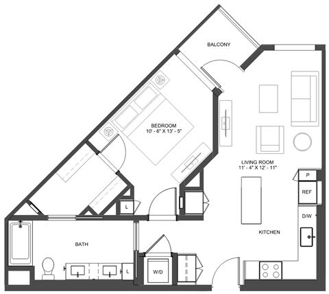 Floor plan for 1 bed, 1 bath, 744 sqft
